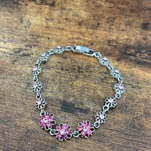 Silver Floral Pink Crystal Bracelet for Women